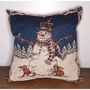 Vtg Christmas Tapestry Throw Pillow Winter Snowman Pine Trees Bunnies Bird Scene